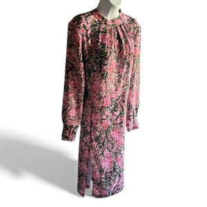 H&M Pink Floral Gathered Neck Open Back Side Slit Long Sleeve Dress
